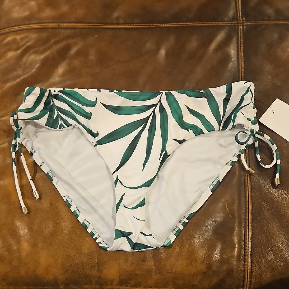 Gibson Latimer Side Tie Cinched Hipster Swim Bottom: Green/White‎ Leaf Print: XL